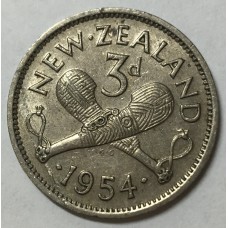 NEW ZEALAND 1954 . THREEPENCE . ERROR . DIE CRACKS . PLANCHET FLAW